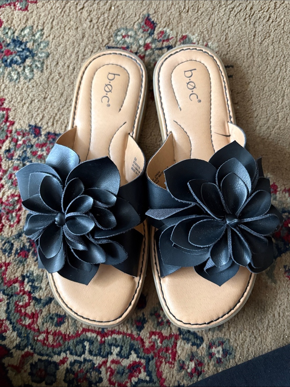 b.o.c. Black Floral Slide Mules with Tan Footbed